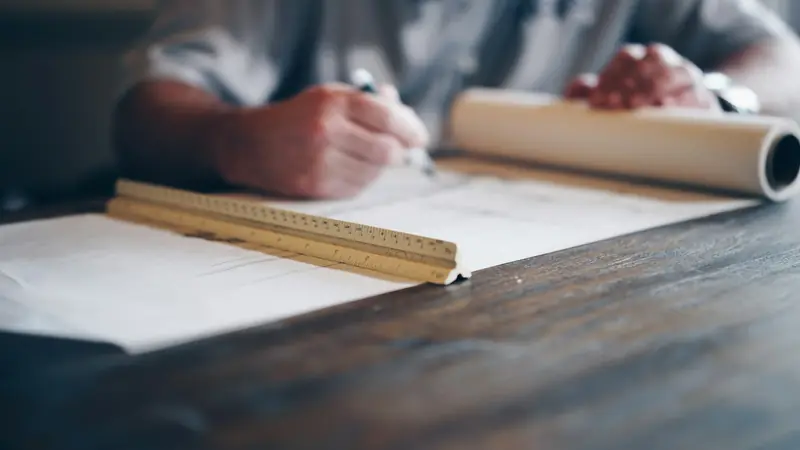 Hands unrolling a set of construction blueprints