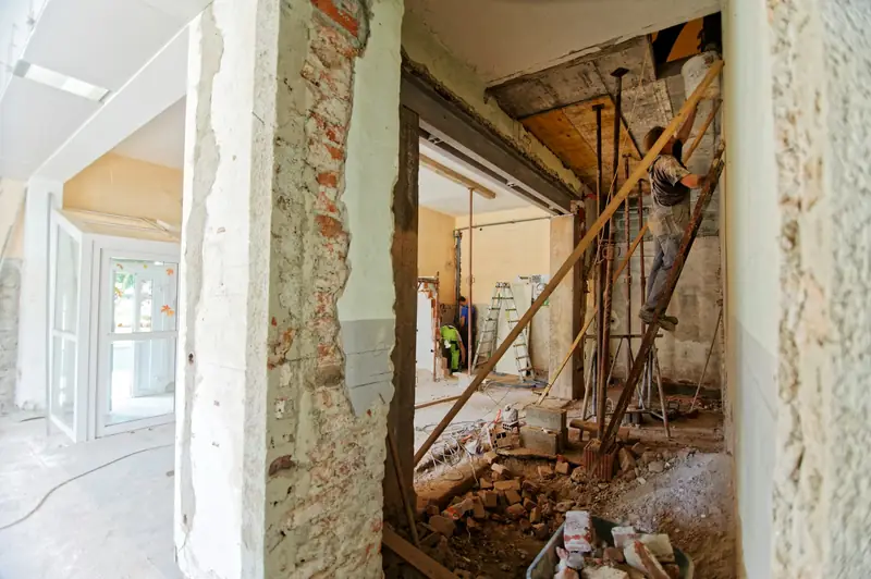 Interior wall framing and studs during a residential remodel
