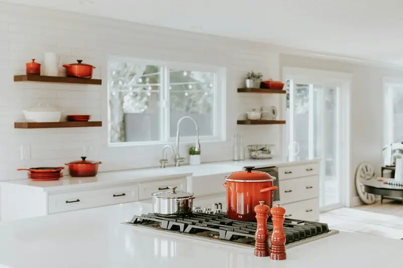 Contemporary kitchen with open shelving and statement accents
