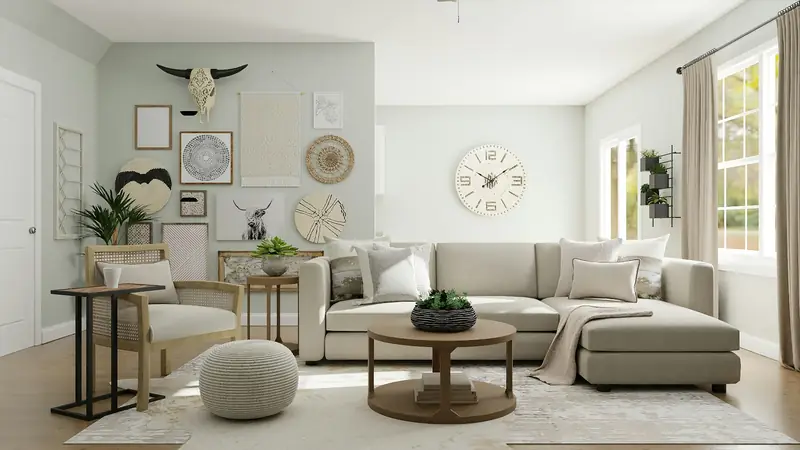 Light-filled living room with custom built-ins