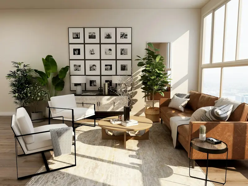 Warm living room with layered lighting and natural materials