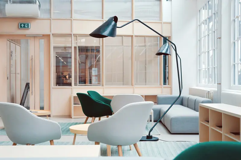 Bright collaborative office lounge area